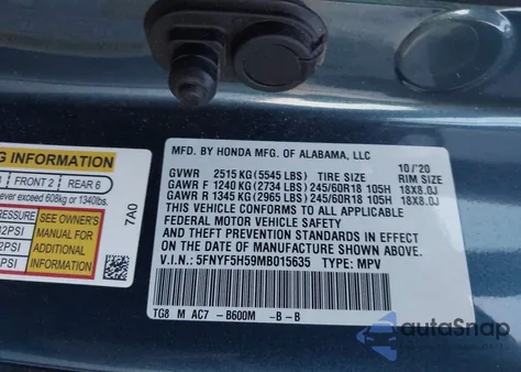 2021 Honda Pilot 2Wd Ex-L из США, поврежденный, VIN 5FNYF5H59MB015635